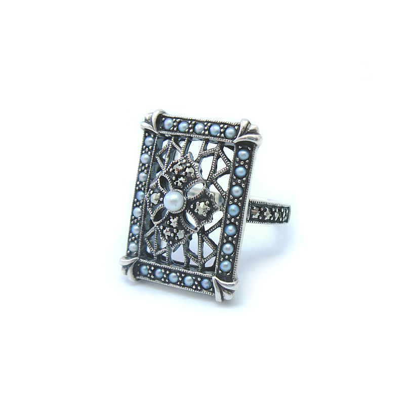 Vintage looking Marcasite and Seed Pearl Rectangle Ring - Click Image to Close